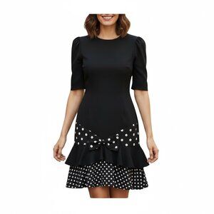 Vtg 80s Black Dress Women’s Sz L Puff Sleeve Polka Dot Bow Ruffle Hem Midi Retro